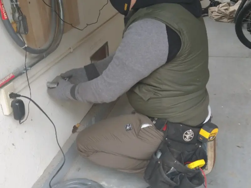 Electrician performing outlet wiring in a Boulder garage